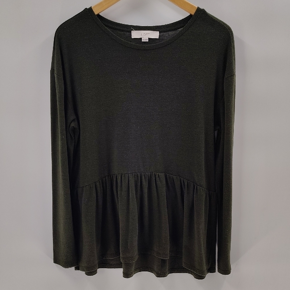 LOFT Babydoll Blouse Size Medium Dark Army Green Long Sleeve